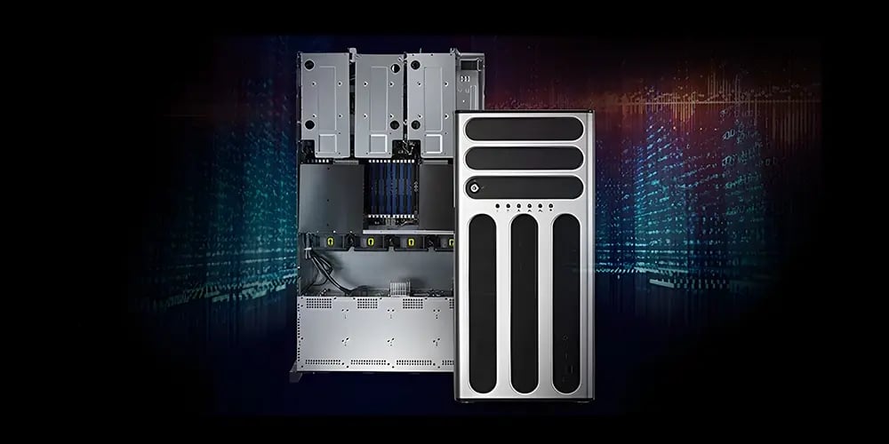 Open server chassis with multiple drive bays and components is shown against a digital background, suggesting advanced technology and data processing.