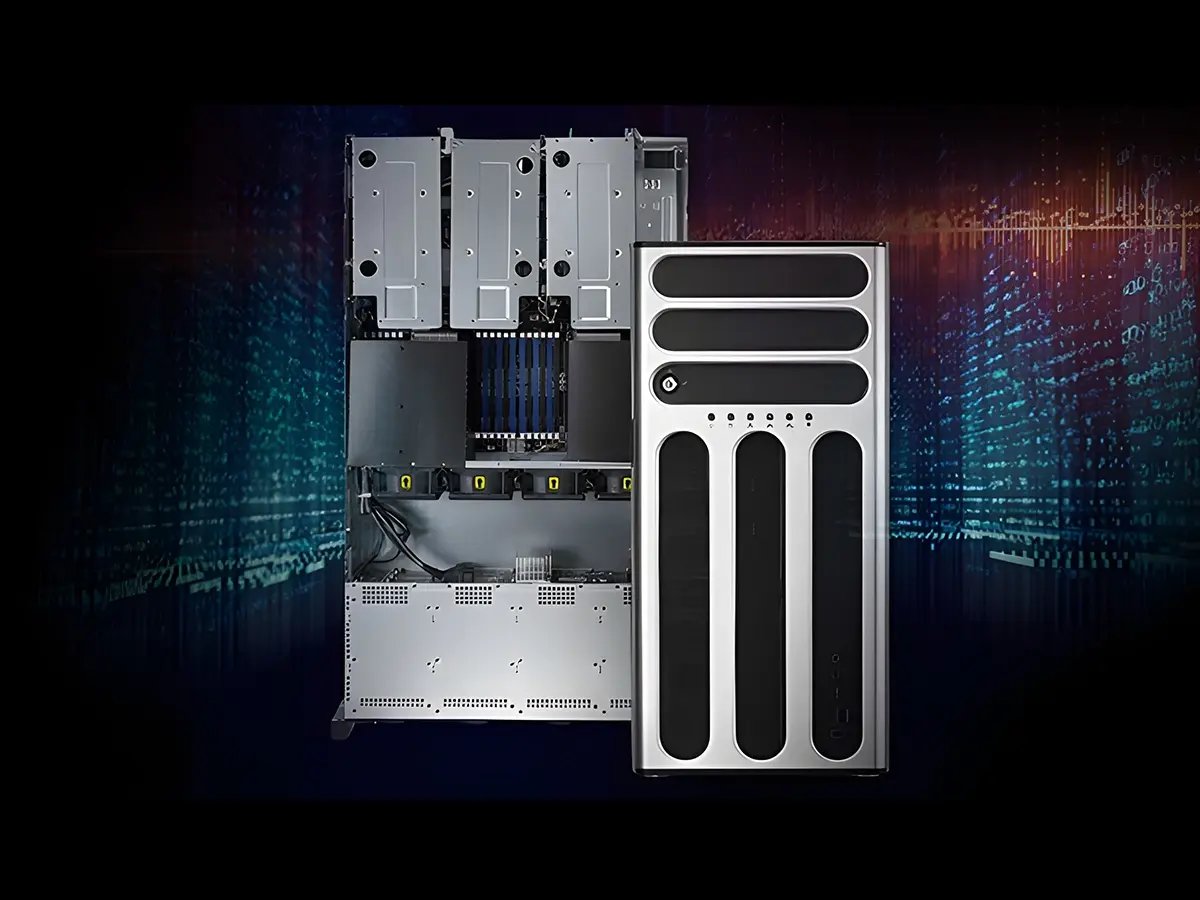 Open server chassis with multiple drive bays and components is shown against a digital background, suggesting advanced technology and data processing.