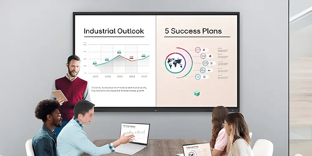 A group of diverse individuals sits around a table with laptops, attentively viewing a presentation. The screen displays a graph titled 