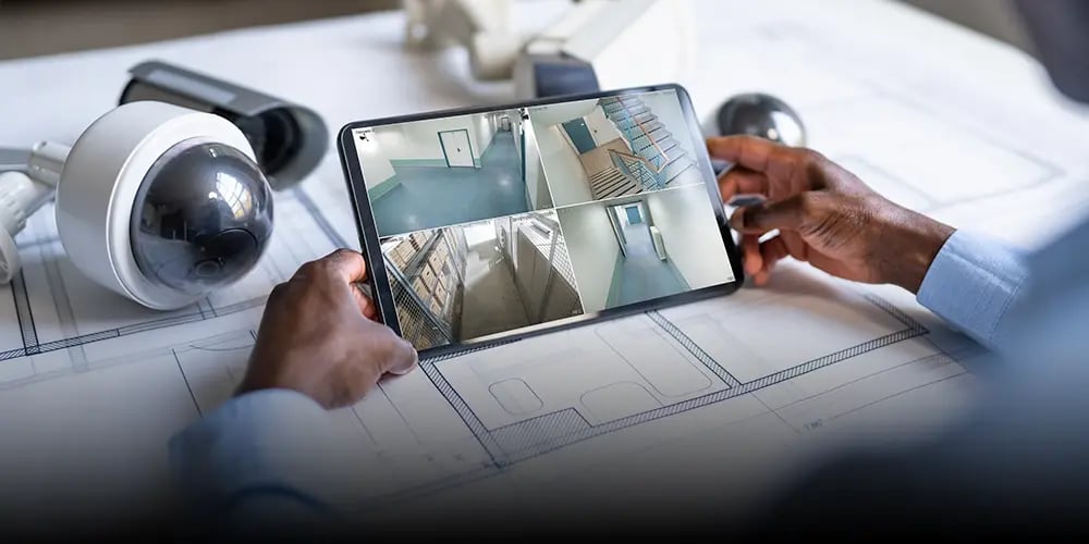 A person in a blue shirt uses a tablet displaying four security camera feeds. The tablet rests on architectural blueprints. Nearby are surveillance cameras.