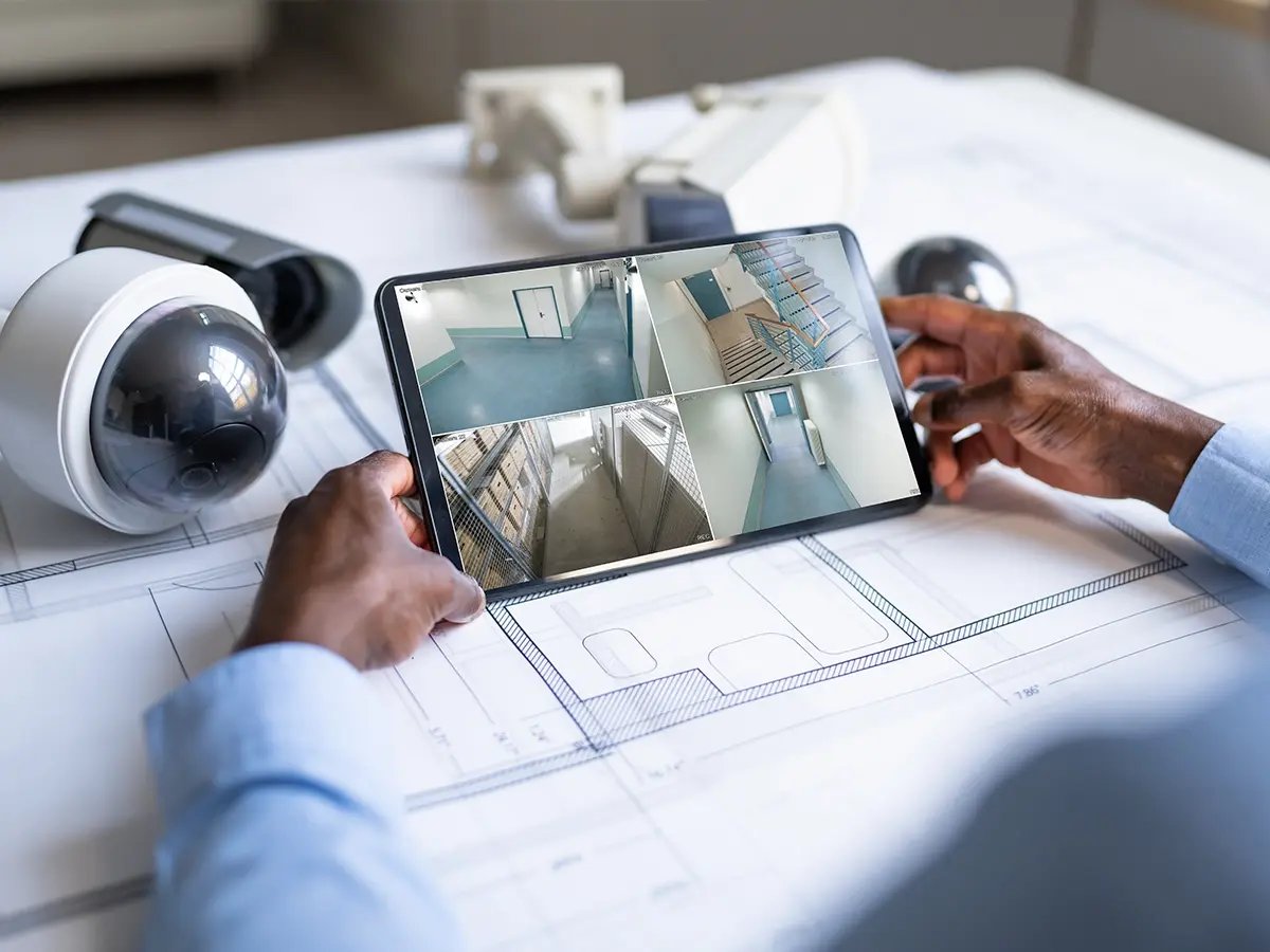 A person in a blue shirt uses a tablet displaying four security camera feeds. The tablet rests on architectural blueprints. Nearby are surveillance cameras.
