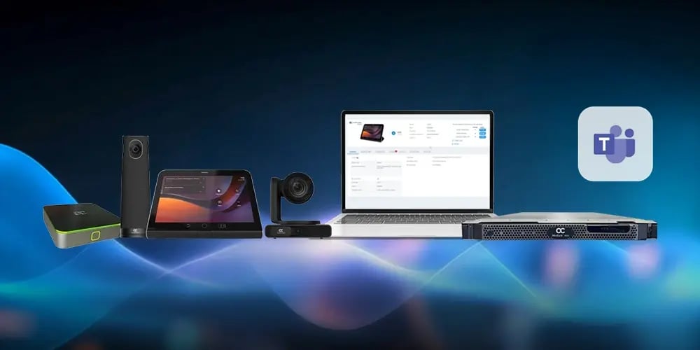 A digital desk phone, touchscreen panel, and video conferencing bar hover over a blue gradient background, conveying modern communication technology.