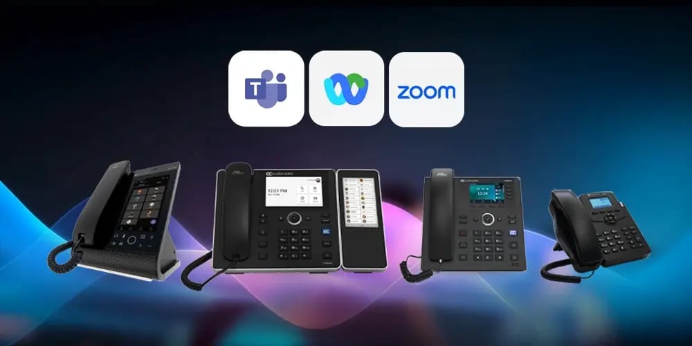 Four office phones are displayed against a dark background with colorful light waves. Above them are logos for Teams, Webex, and Zoom, suggesting compatibility.