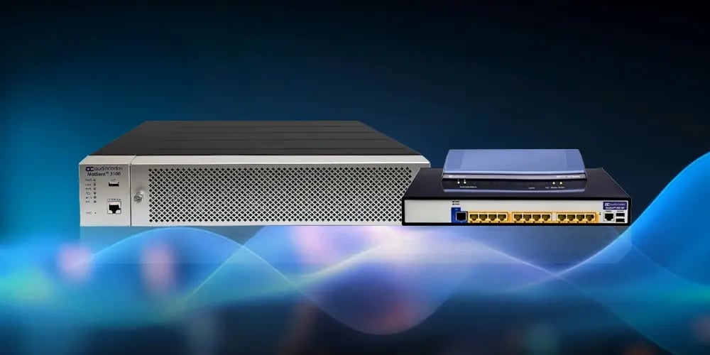 A sleek server and network switch on a gradient blue background, connected by a subtle glowing wave, suggesting efficient digital connectivity.