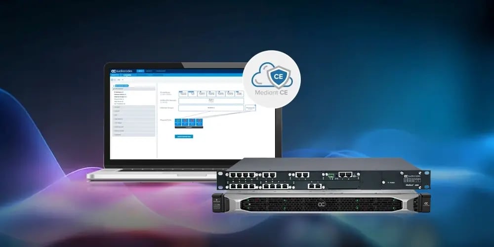 A laptop displays a network management interface, positioned above a Mediant CE communication device. A digital cloud icon is visible.