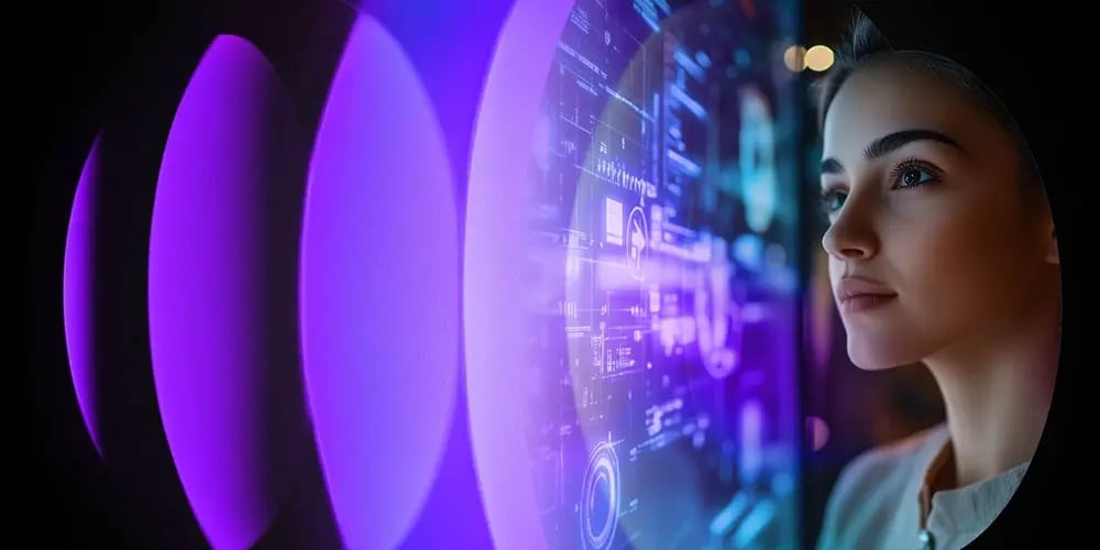 A woman intently observes a glowing, futuristic digital interface. The scene is bathed in purple and blue light, evoking a sense of technology and innovation.