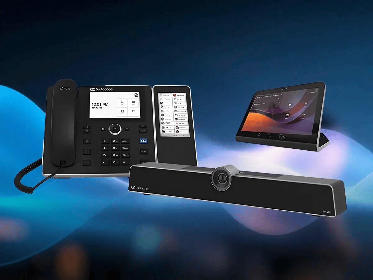 A digital desk phone, touchscreen panel, and video conferencing bar hover over a blue gradient background, conveying modern communication technology.