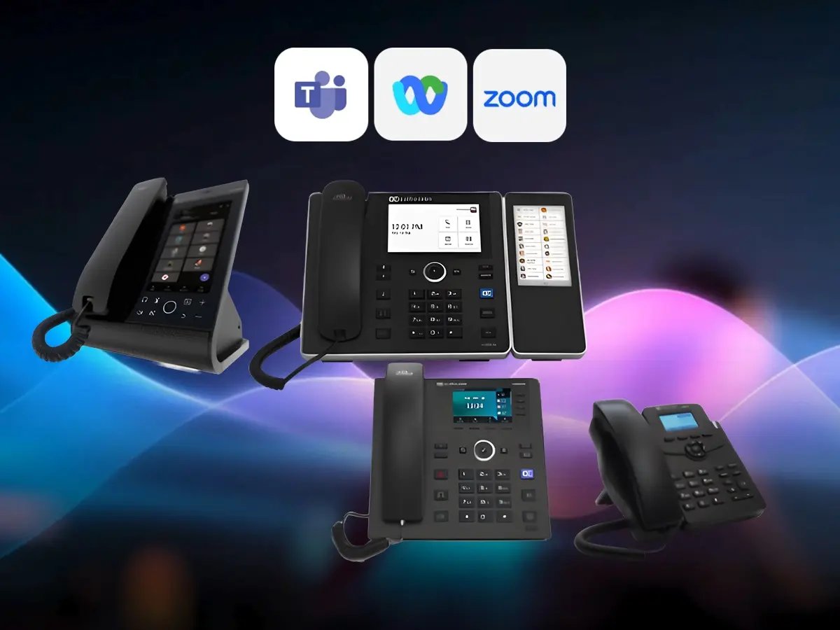 Four office phones are displayed against a dark background with colorful light waves. Above them are logos for Teams, Webex, and Zoom, suggesting compatibility.