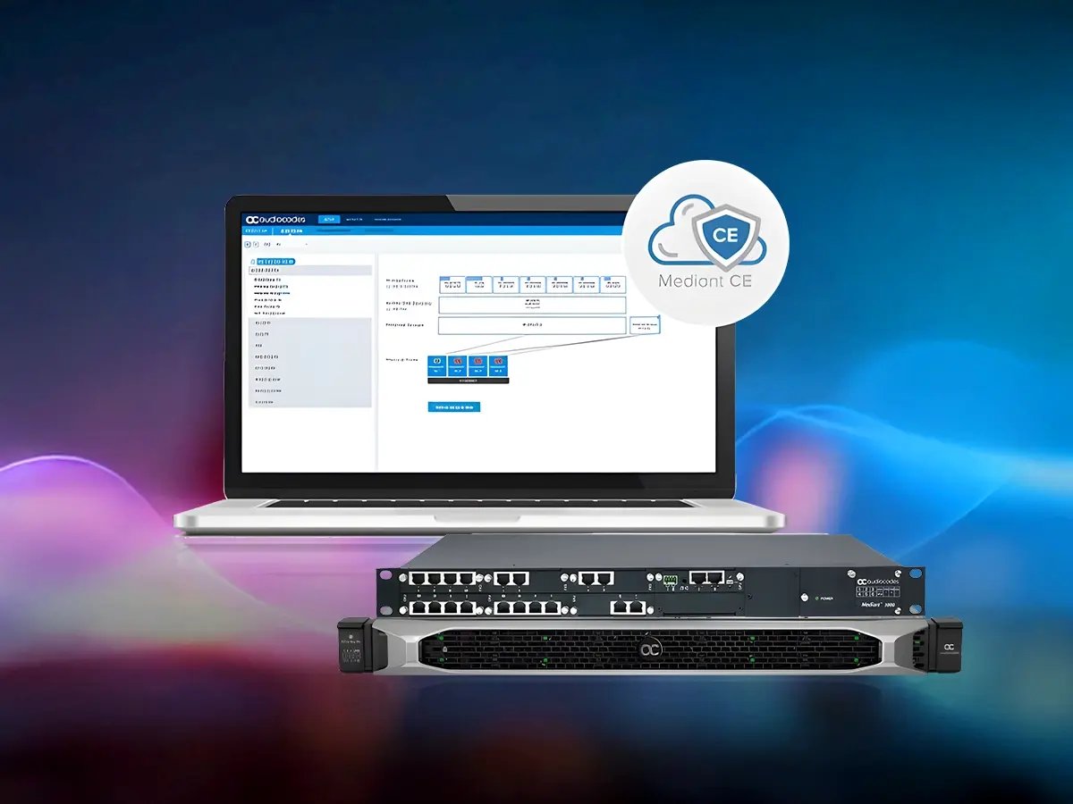 A laptop displays a network management interface, positioned above a Mediant CE communication device. A digital cloud icon is visible.