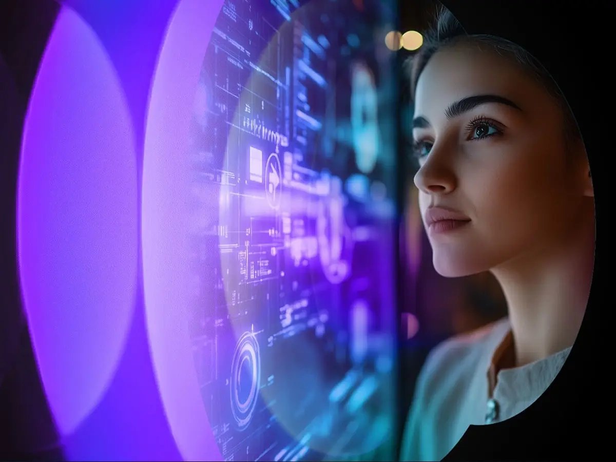 A woman intently observes a glowing, futuristic digital interface. The scene is bathed in purple and blue light, evoking a sense of technology and innovation.