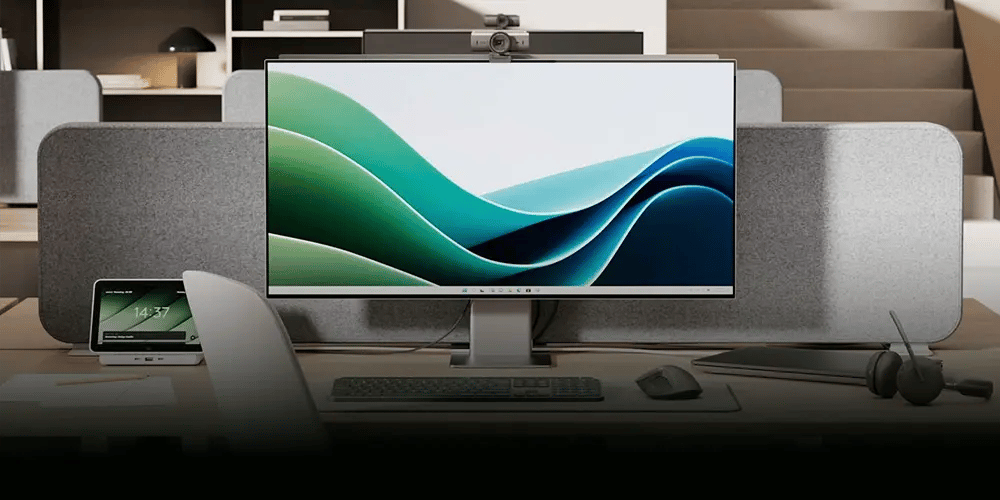 A modern personal workspace featuring Logitech devices, including a widescreen monitor with a webcam mounted on top, a wireless keyboard and mouse, and a headset resting on the desk. The setup sits on a light wood desk with a fabric privacy panel, tablet, and notebook, creating a clean, professional home or office work environment.