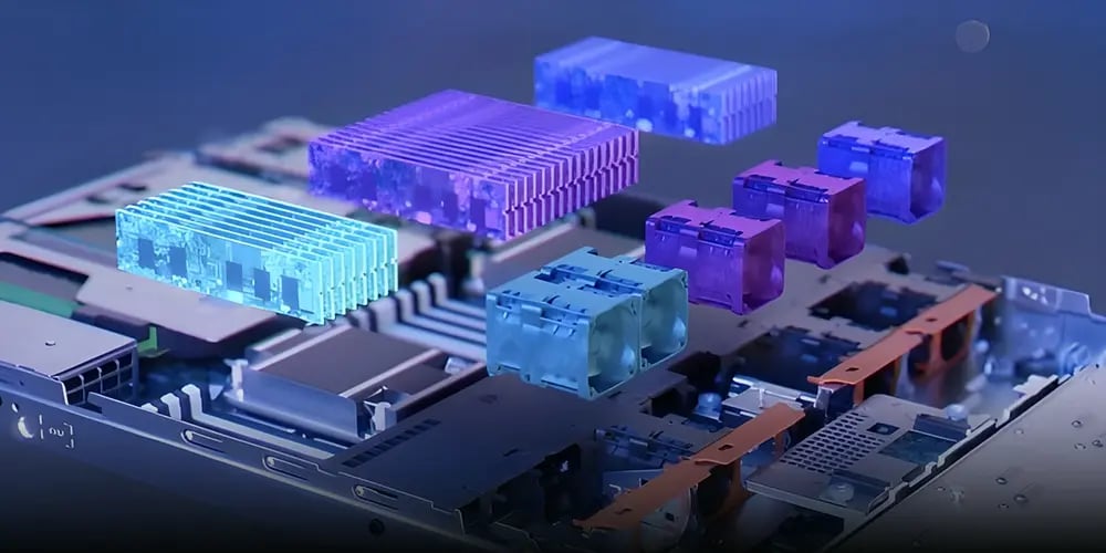 Futuristic computer motherboard with colorful, semi-transparent components floating above it. High-tech, modern, and innovative feel.