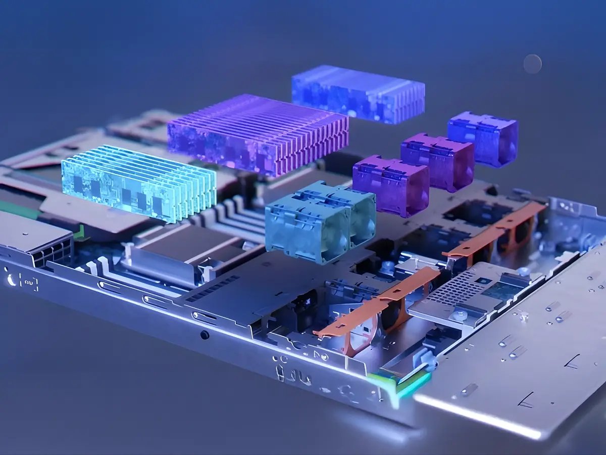 Futuristic computer motherboard with colorful, semi-transparent components floating above it. High-tech, modern, and innovative feel.