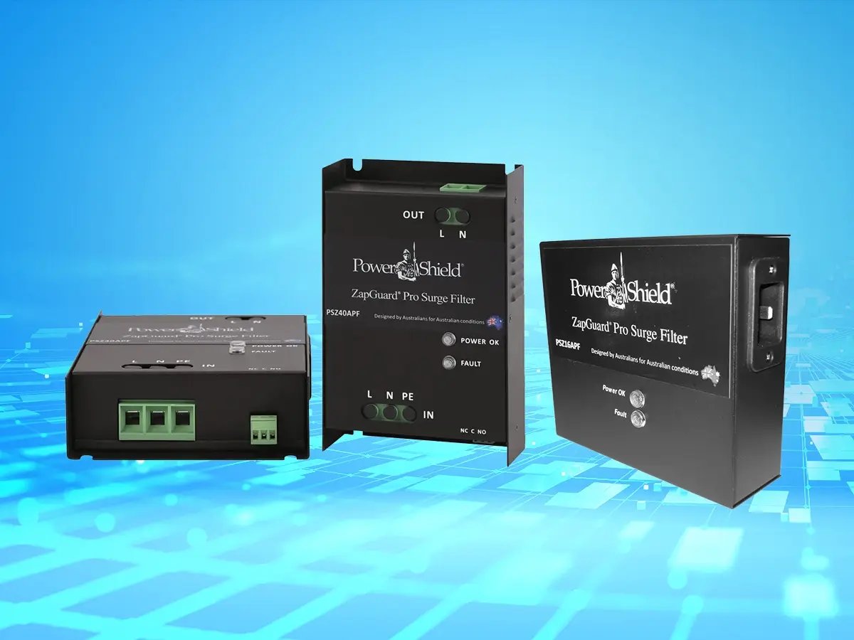 Three black PowerShield ZapGuard Pro Surge Filters are displayed against a blue digital background. The filters have labeled connectors and indicator lights.