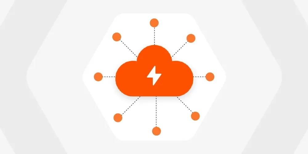 Orange cloud with a lightning bolt icon at its center, surrounded by smaller orange dots connected with dashed lines, symbolizing cloud networking.