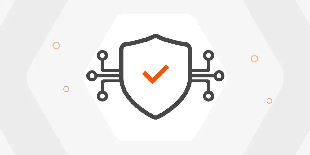 A shield with a check mark, symbolizing security, is connected to circuit lines, set against a hexagonal background. The tone is modern and secure.