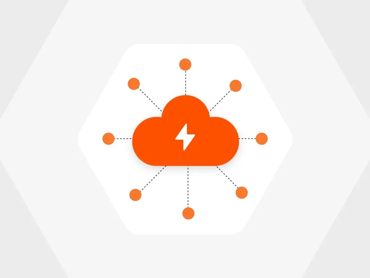 Orange cloud with a lightning bolt icon at its center, surrounded by smaller orange dots connected with dashed lines, symbolizing cloud networking.