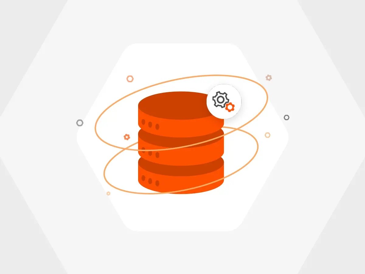 Illustration of an orange database with orbiting lines and a gear symbol, conveying technology and data management themes, on a light background.