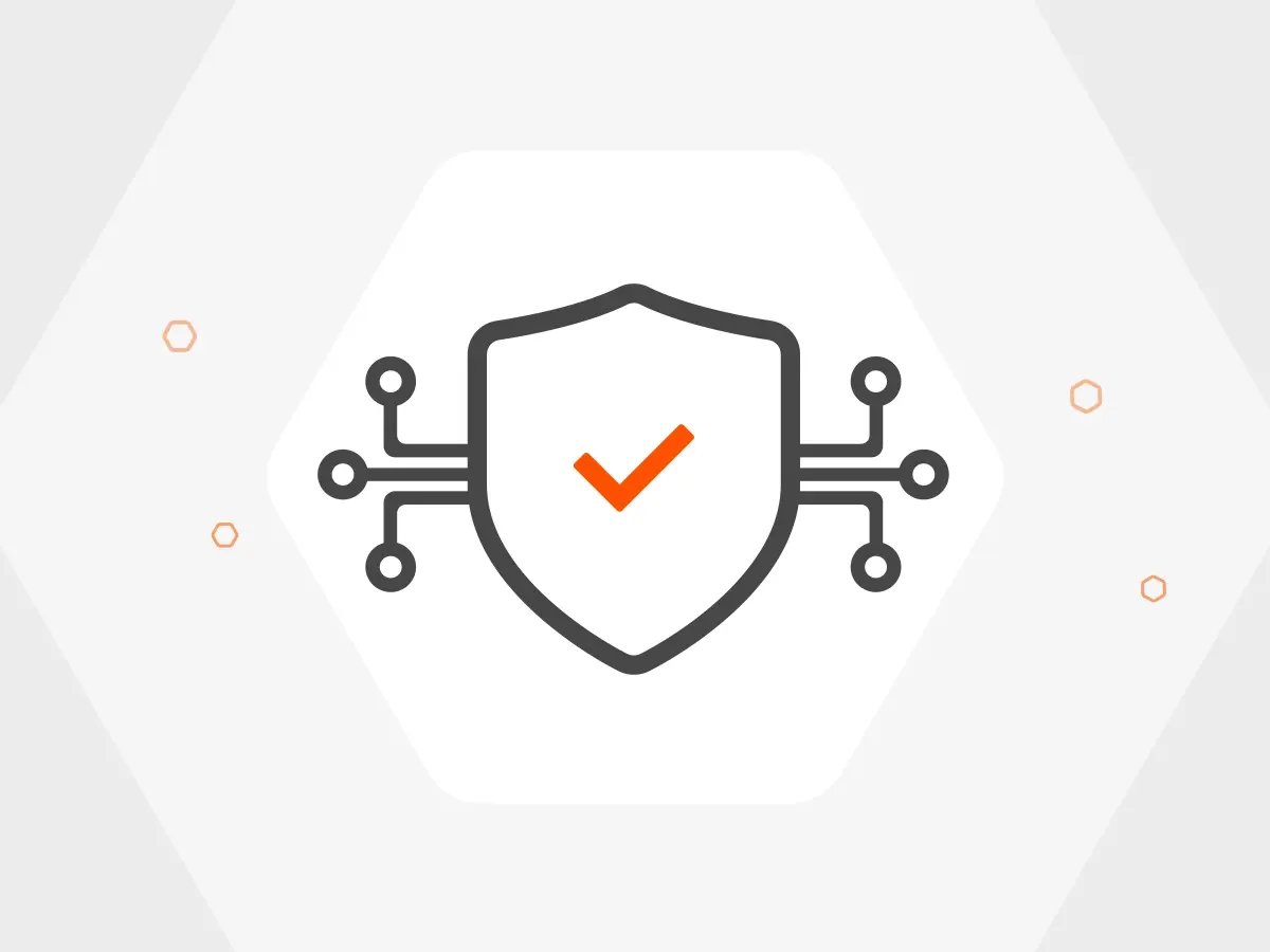A shield with a check mark, symbolizing security, is connected to circuit lines, set against a hexagonal background. The tone is modern and secure.