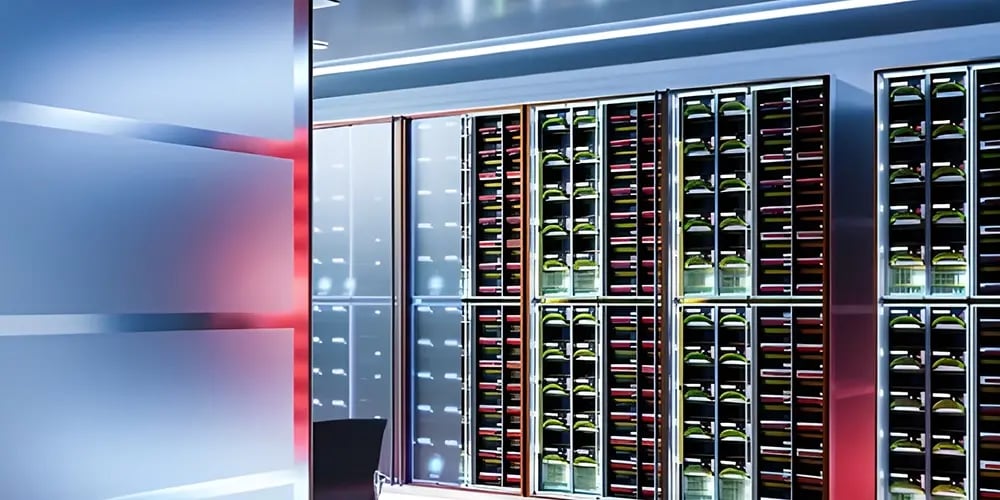 Modern wine cellar with sleek glass racks displaying bottles in dim lighting. The space has a futuristic ambiance with soft blue and red hues.