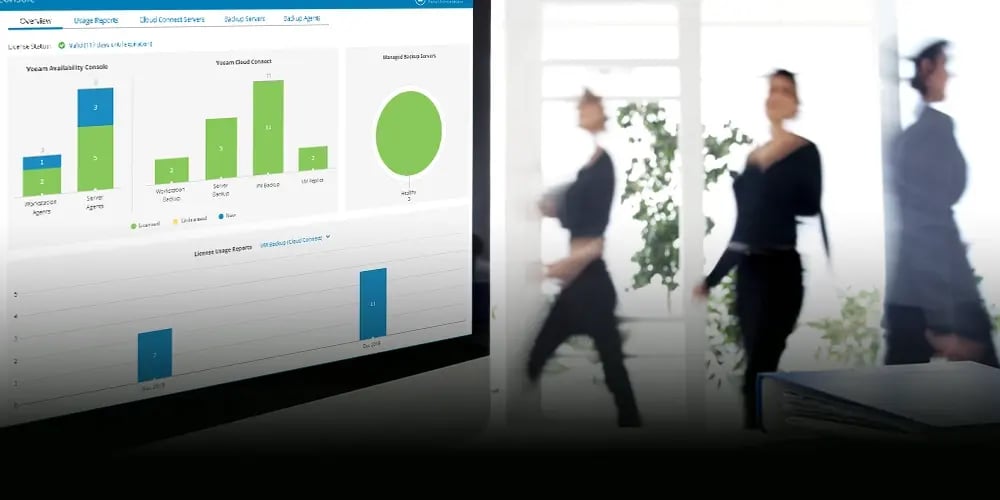 A computer screen displays bar charts and graphs in an office setting. In the blurred background, three people walk by, creating a dynamic and busy atmosphere.