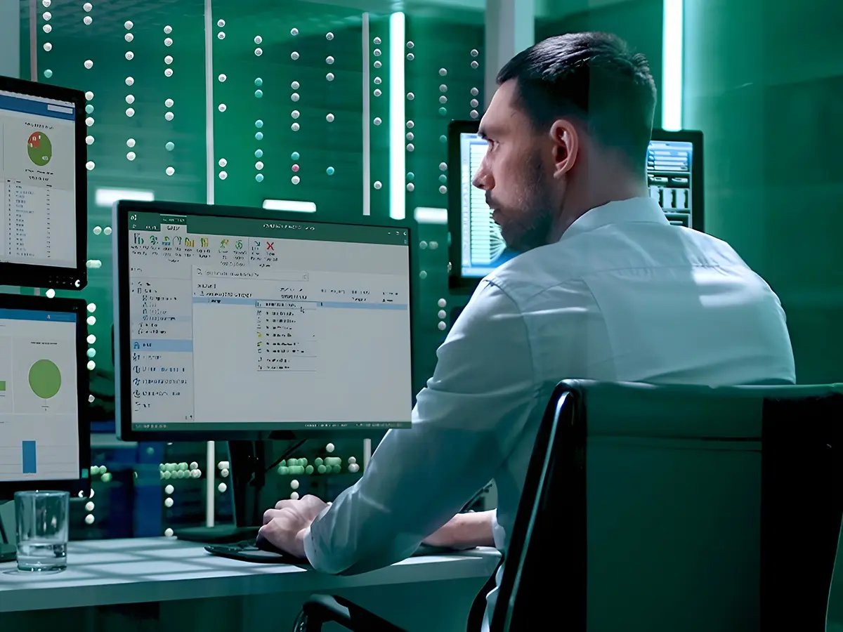 A man in a white shirt works in a dimly-lit data center. He is seated at a desk with multiple screens displaying charts and graphs. The ambience is focused and analytical.