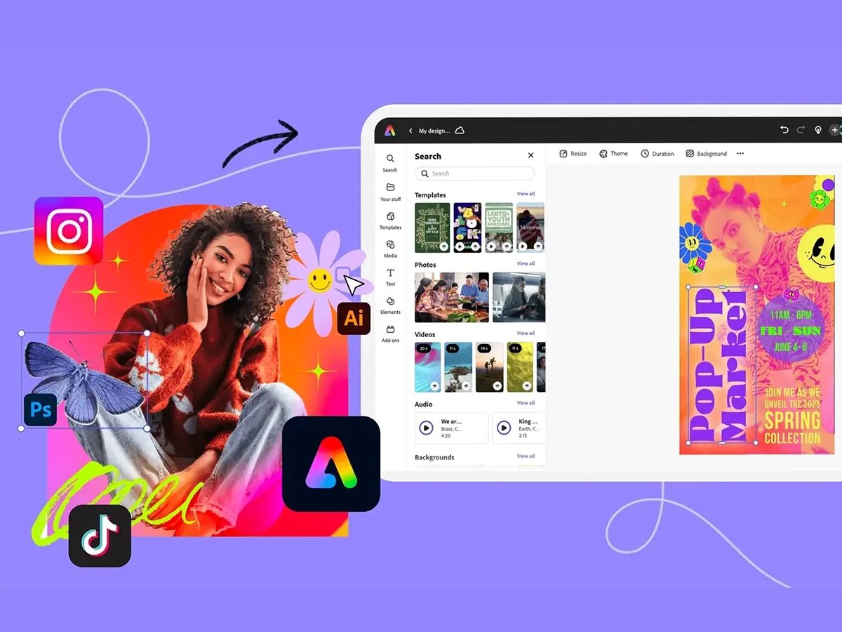 A woman smiling while seated with colorful graphics around her, including logos for Adobe Illustrator, Photoshop, and social media icons. On the right, a digital screen displays a vibrant promotional banner for a market event.