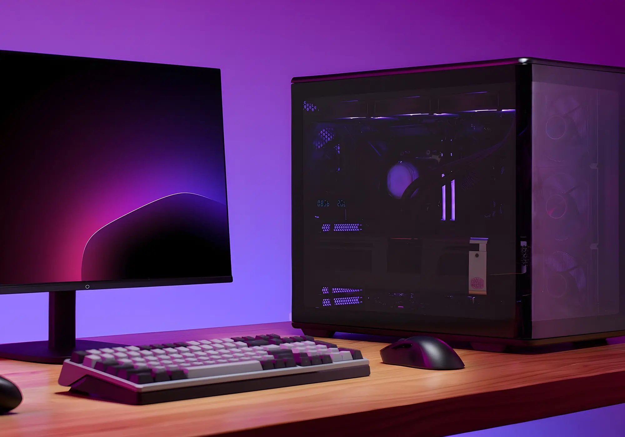 A sleek gaming setup featuring a monitor with a purple gradient, RGB-lit keyboard, mouse, and transparent PC case with glowing internal lights, on a wooden desk.