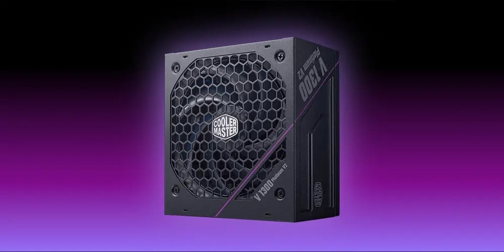 A black Cooler Master power supply with a hexagonal vent design and brand logo, set against a gradient purple background, conveying a sleek, modern vibe.