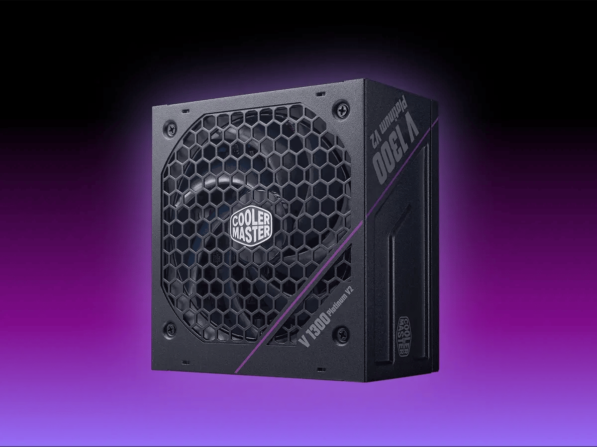 A black Cooler Master power supply with a hexagonal vent design and brand logo, set against a gradient purple background, conveying a sleek, modern vibe.