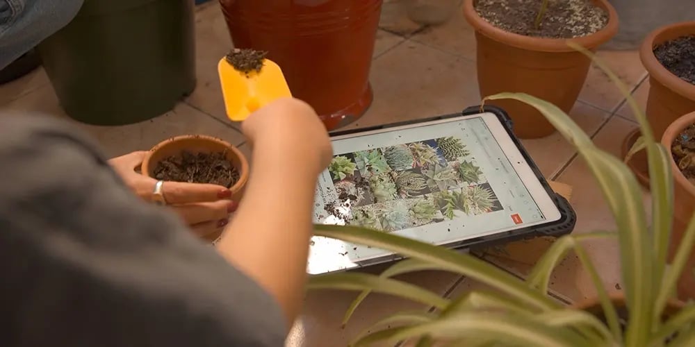 A person scooping soil into a small pot while a tablet on the floor displays plant images, surrounded by potted plants.