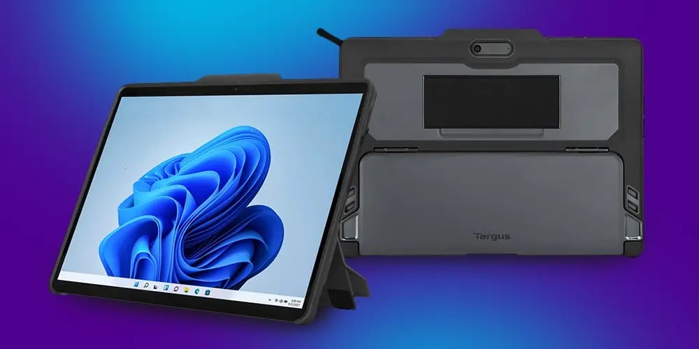 Tablet with protective Targus case shown from front and back.