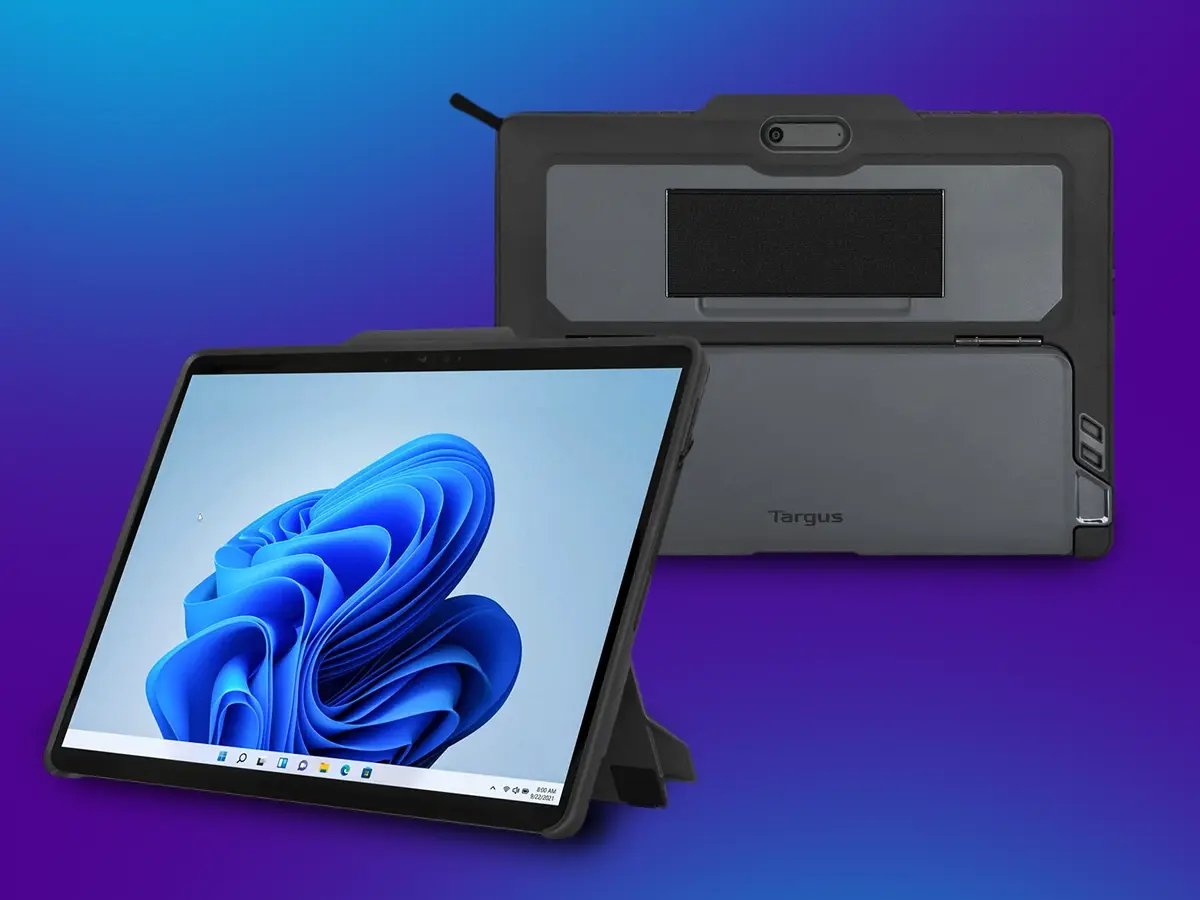 Tablet with protective Targus case shown from front and back.