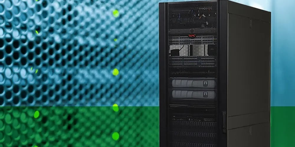 Black server rack with multiple mounted components and cables, positioned against a textured blue background, representing data center infrastructure and storage solutions.