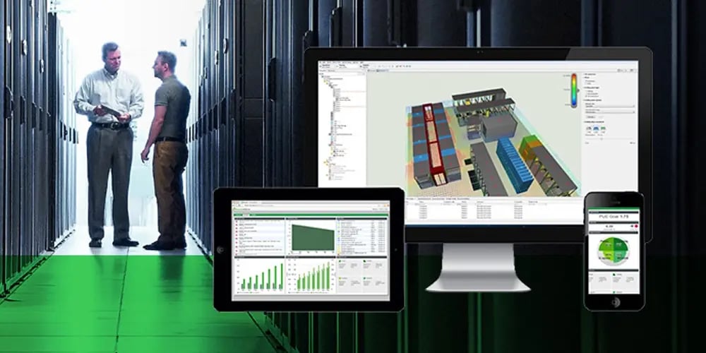 Computer monitor, tablet, and smartphone displaying data center management software with charts and 3D infrastructure models, set in a server room environment.