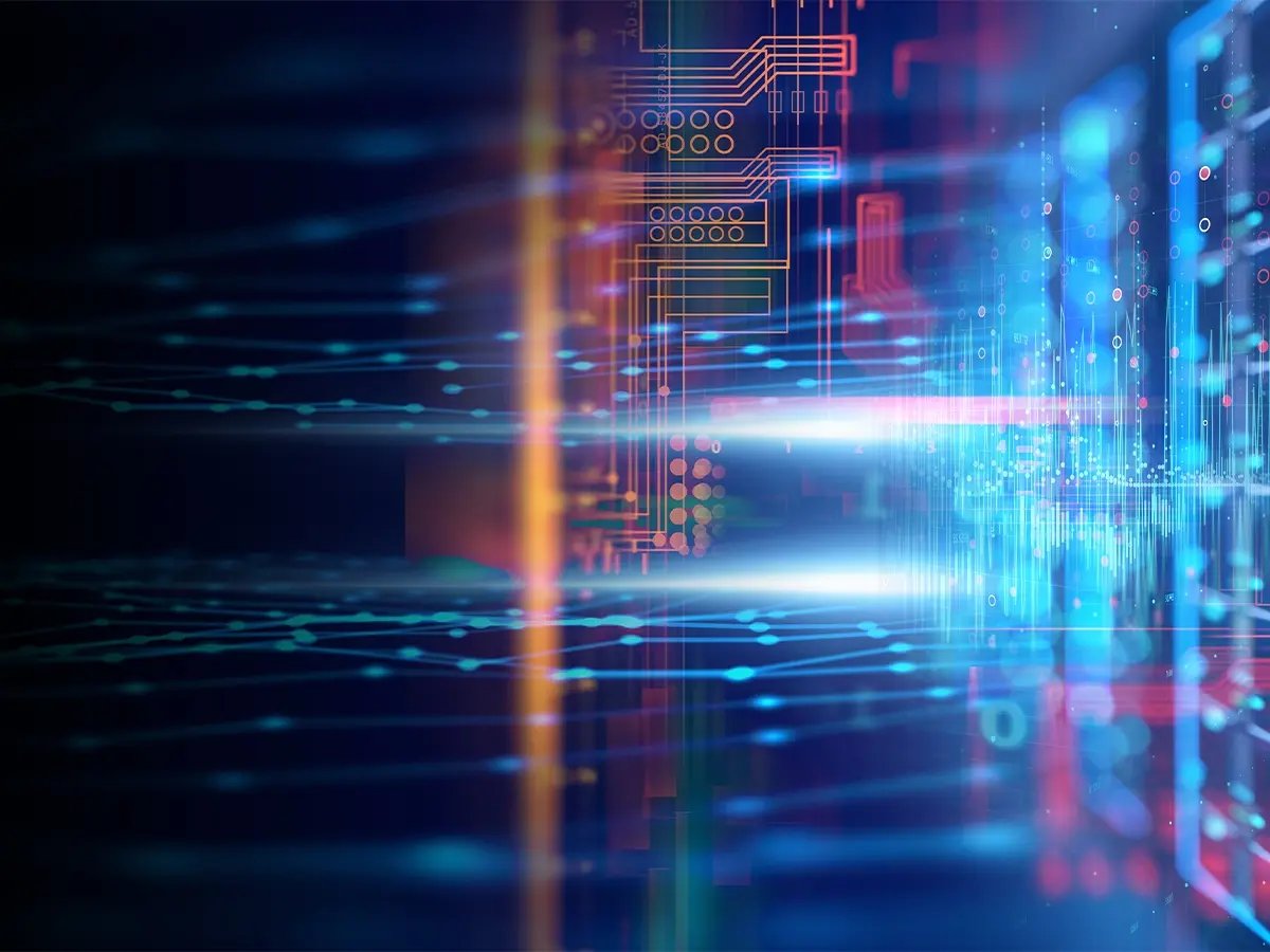 Rows of illuminated server racks with glowing blue and red lights, overlaid with digital circuit patterns and data streams, representing advanced data processing and network technology.