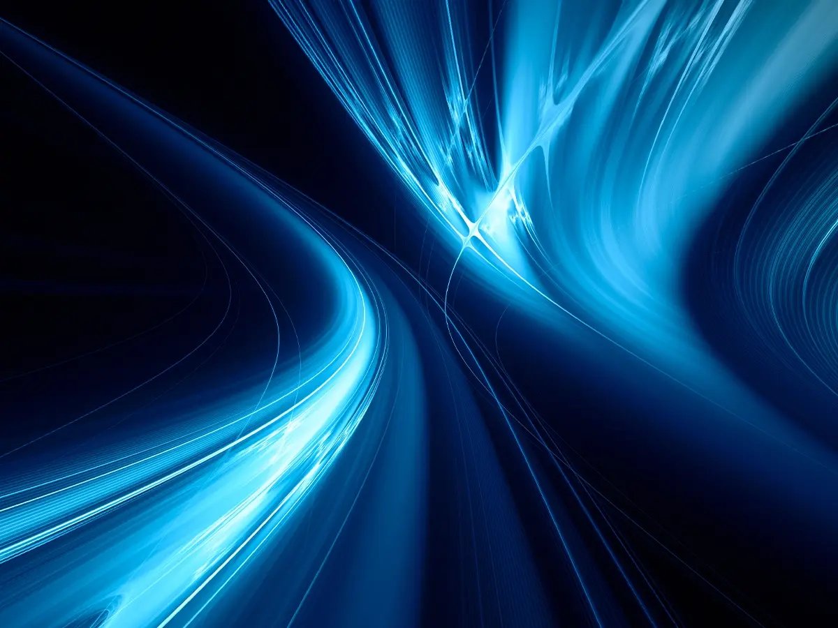 Abstract blue light trails and glowing lines forming dynamic wave patterns, symbolizing cooling technology and airflow in a data center environment.