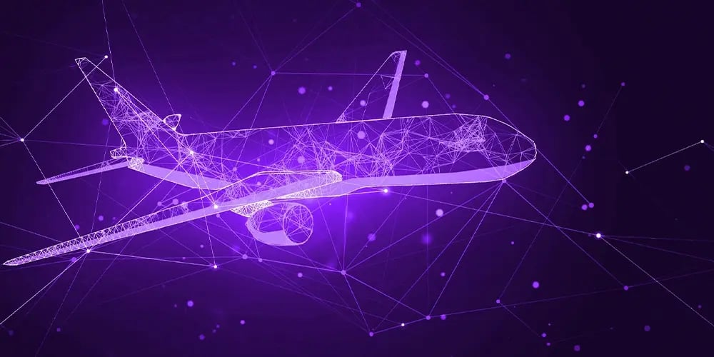 Digital wireframe illustration of an airplane surrounded by interconnected glowing nodes and lines on a dark purple background, symbolizing device tracking and connectivity.