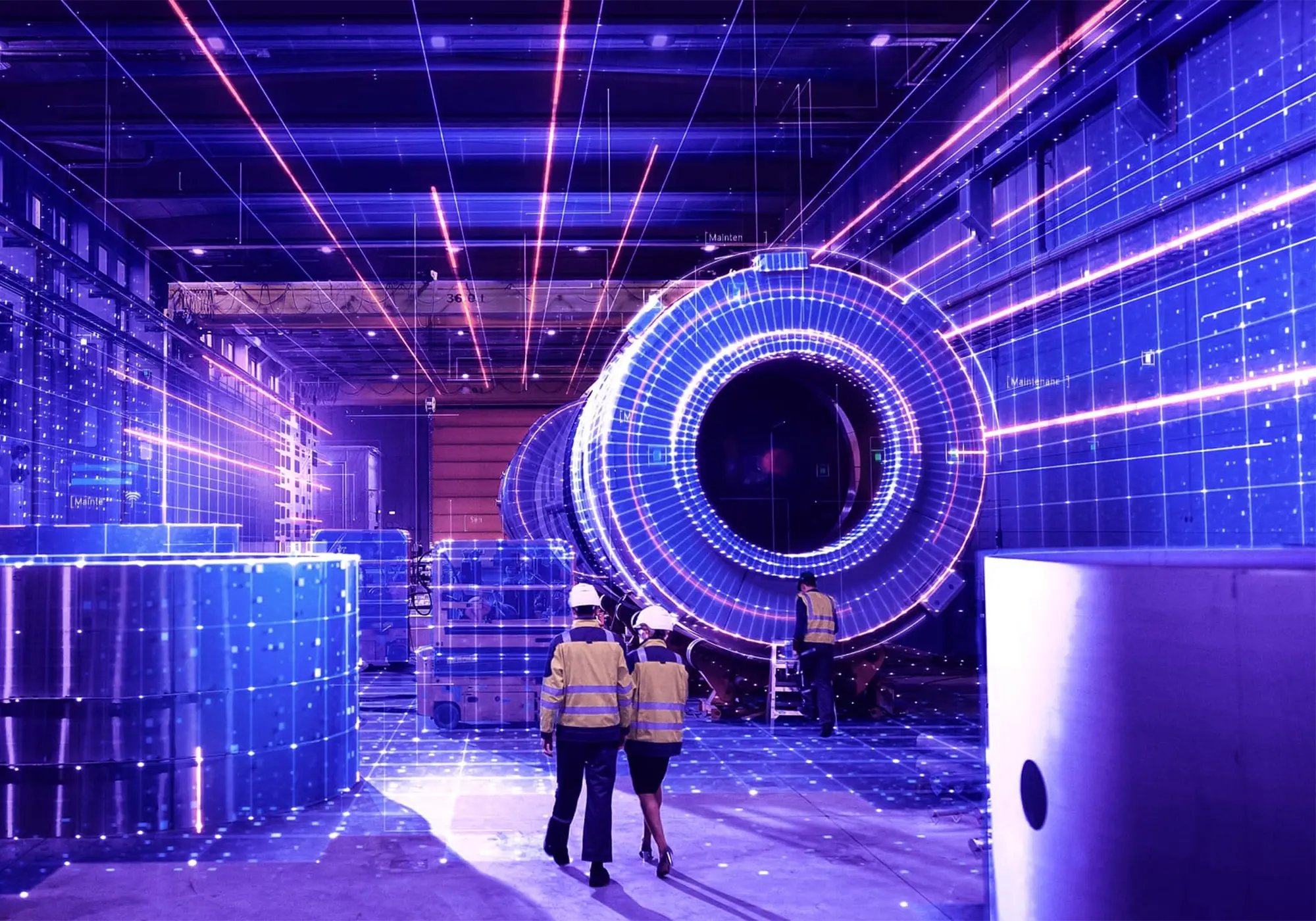 Industrial setting with large cylindrical machinery and glowing digital grid overlays, showing a futuristic concept of smart manufacturing.