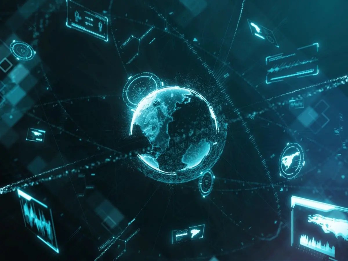 Digital illustration of a connected global network with glowing data interfaces surrounding Earth.