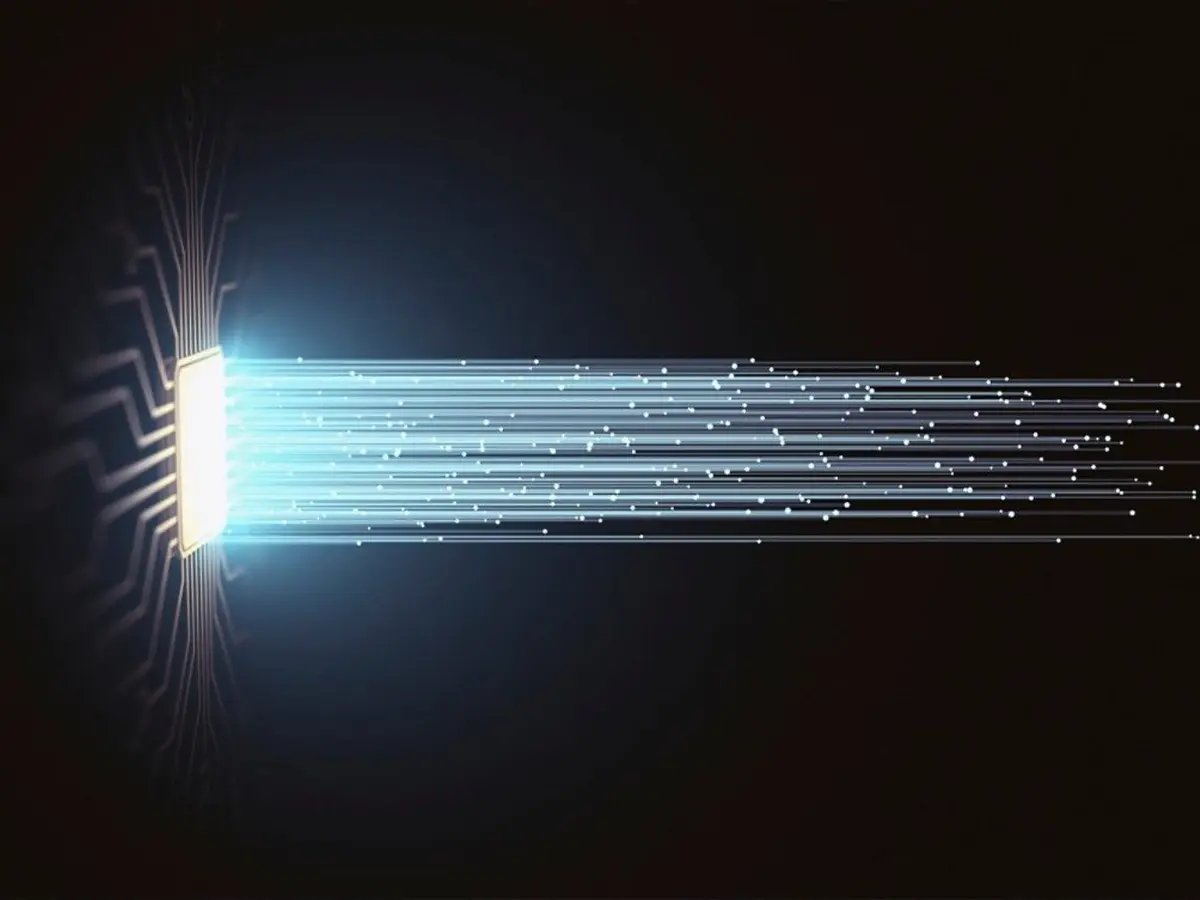 Abstract illustration of light beams and circuits symbolizing Eaton power management technology.