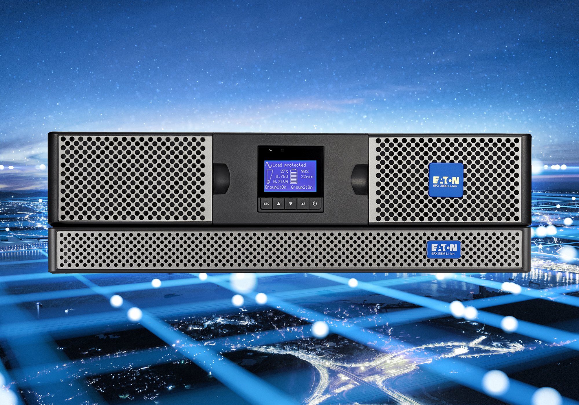 Eaton rack-mounted uninterruptible power supply (UPS) units with digital display, shown against a futuristic cityscape background with glowing grid lines.