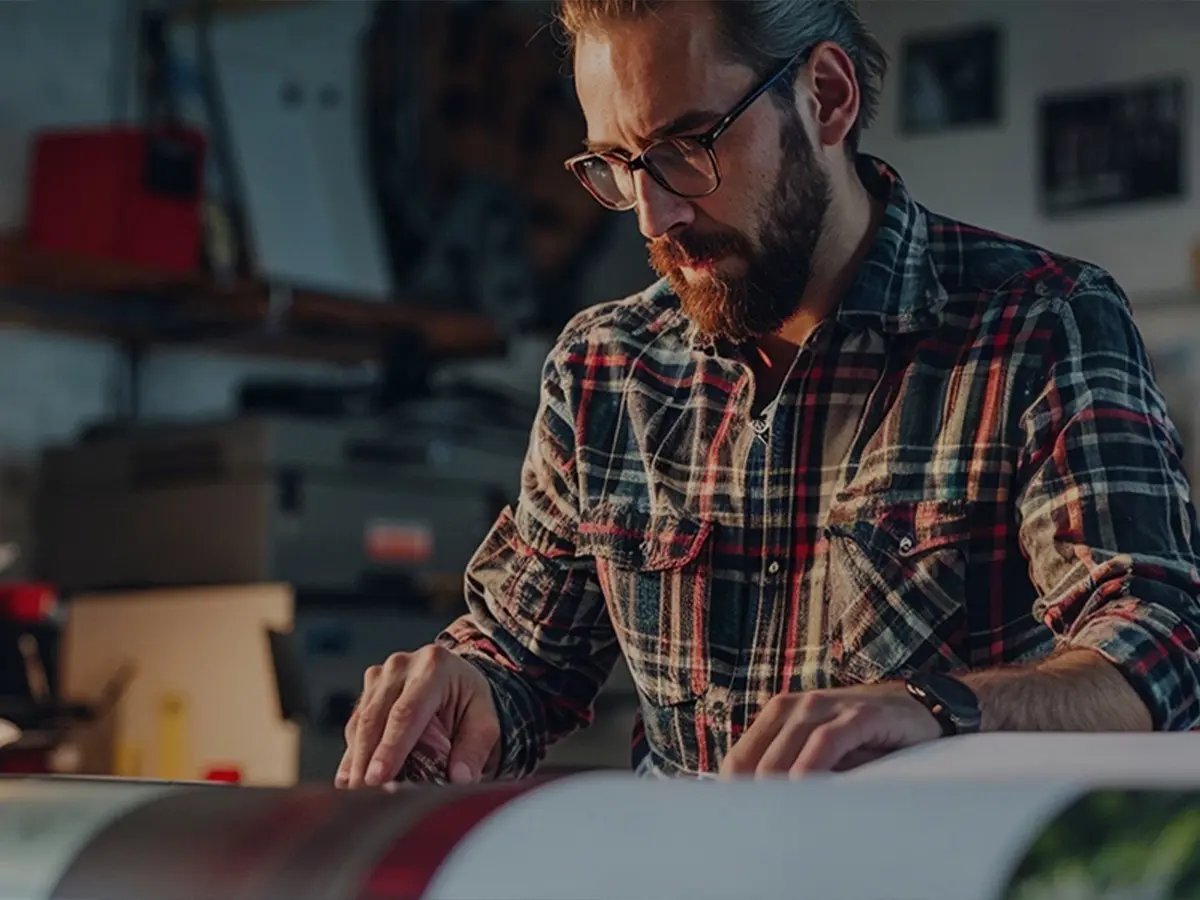 Person working with a large printed sheet from an Epson large format printer in a print shop setting.