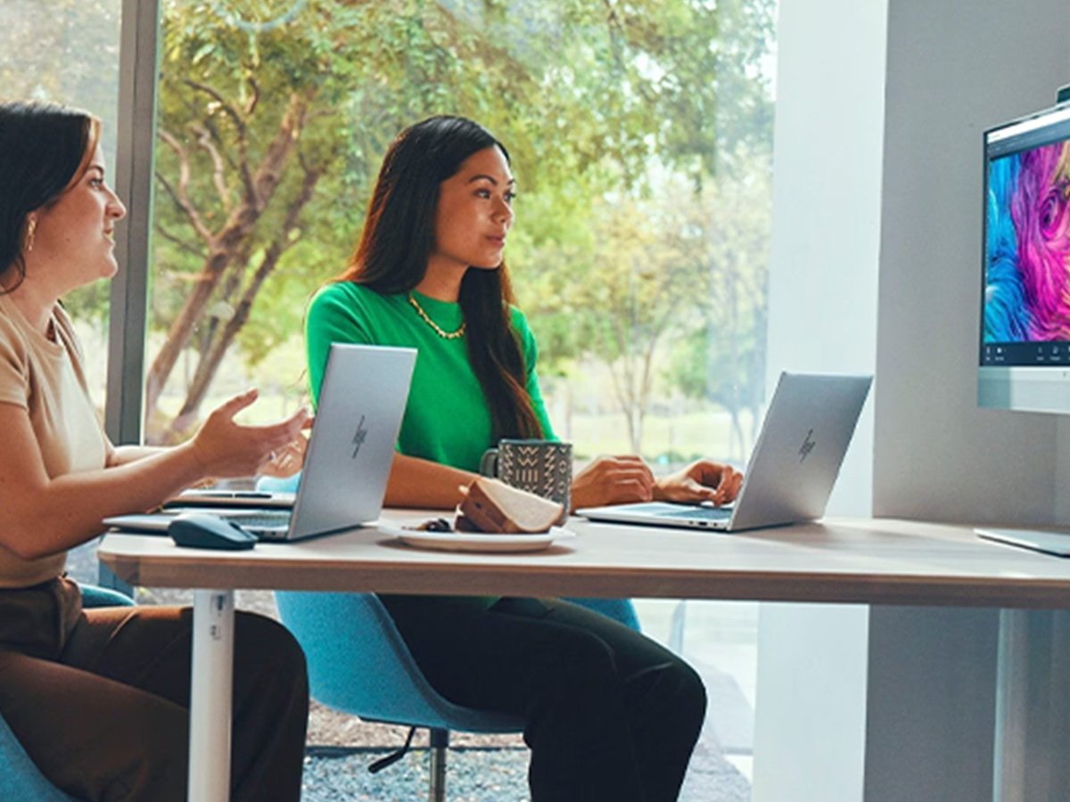 Two people working on their own HP laptops in an office setting, both facing a HP screen during a conference meeting.