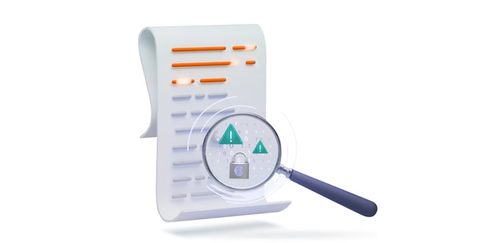 Document being reviewed with a magnifying glass showing alerts and a security lock.