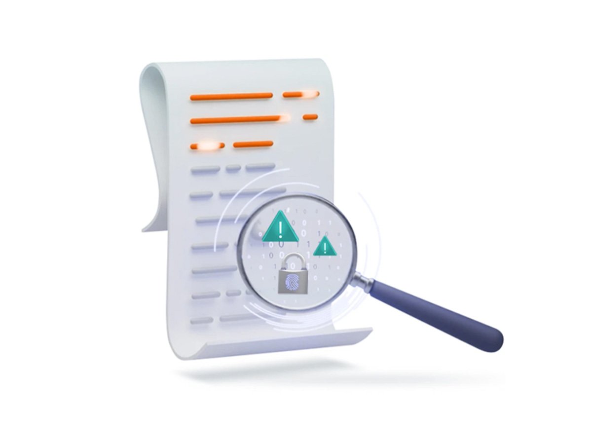 Document being reviewed with a magnifying glass showing alerts and a security lock.