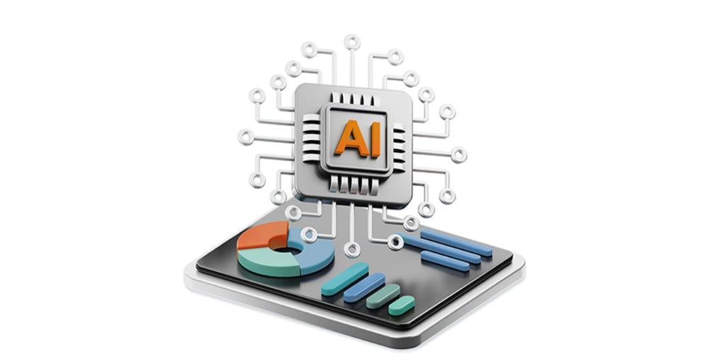 AI processor connected to charts and data on a digital dashboard.