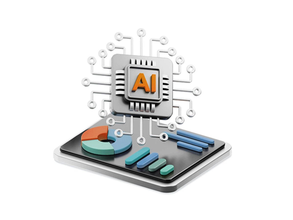 AI processor connected to charts and data on a digital dashboard.