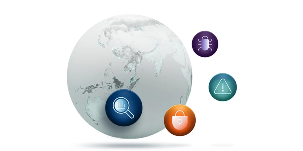 Globe with icons representing analytics, security, alerts, and voice technology.