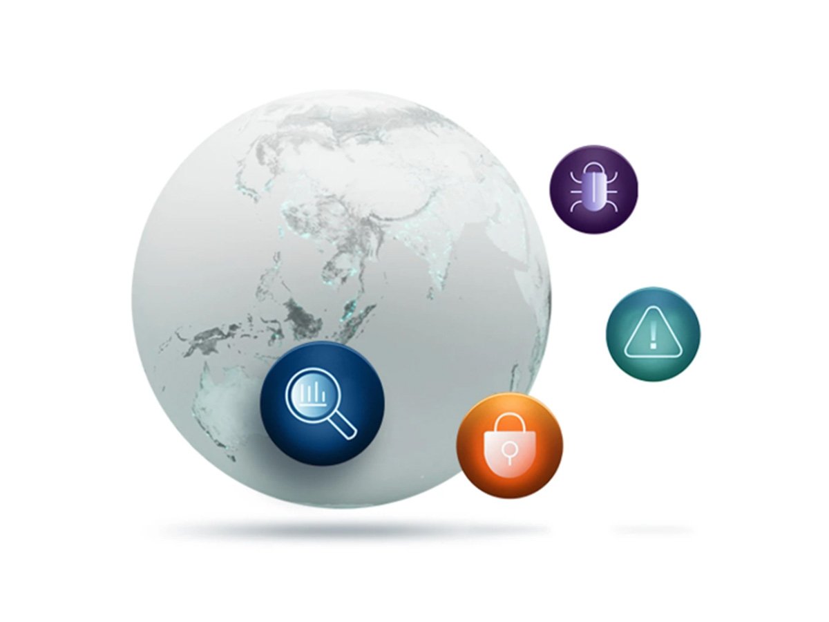 Globe with icons representing analytics, security, alerts, and voice technology.